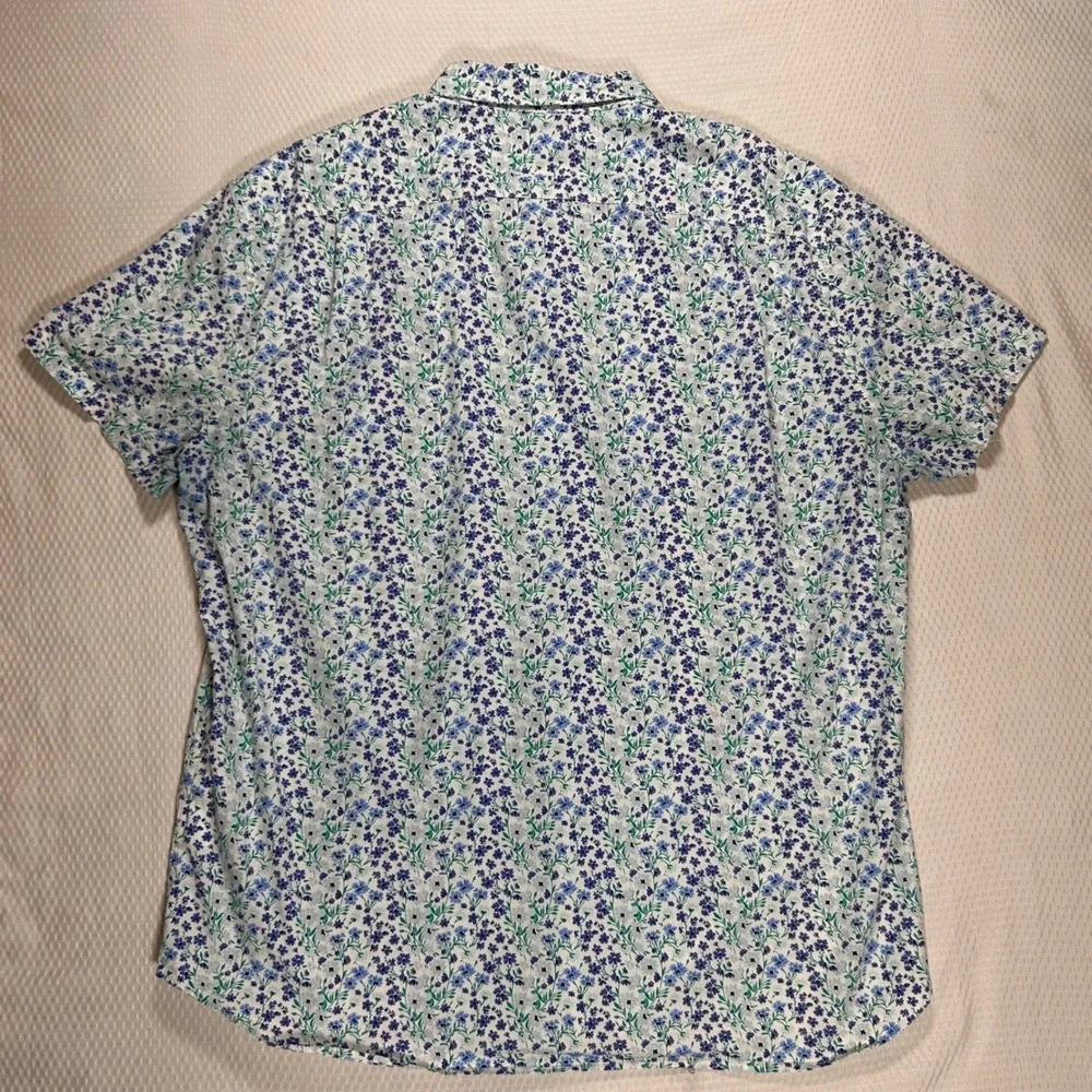 J‎ Crew Flex Washed Slim Fit Shirt XL Mens Blue Green Floral Short Sleeve Button